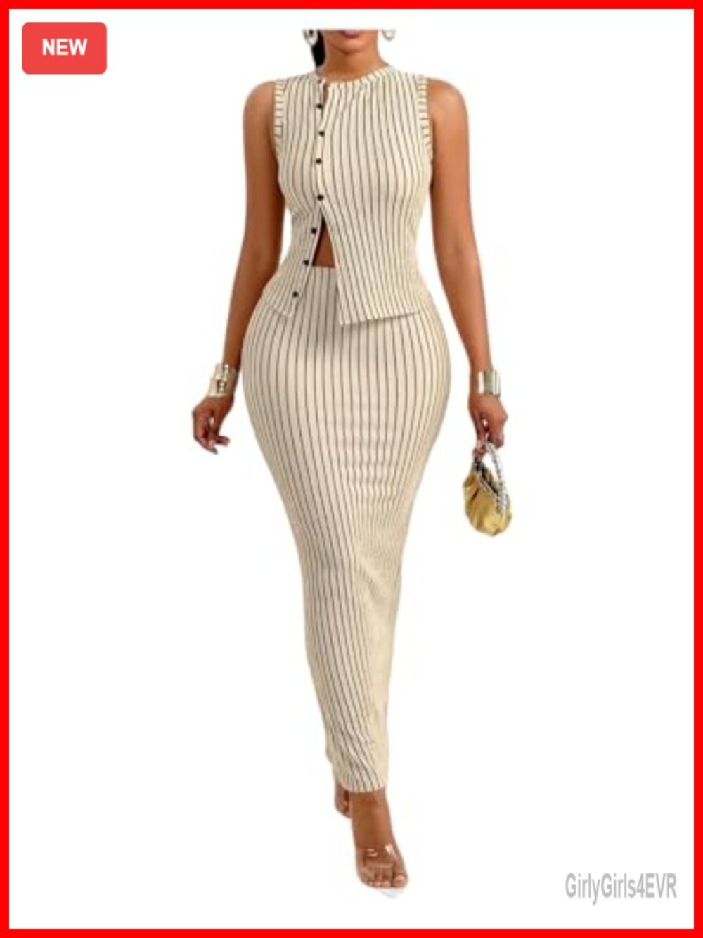 Women's 2 Piece Striped Vest and Maxi Skirt Suit Set Sleeveless